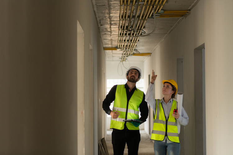 Engineers in hard hats inspecting piping on ceiling