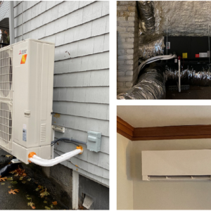 These photographs show the outdoor unit of the Mitsubishi MXZ-4C36NAHZ along with the mini-ducted unit in the attic that serves the upstairs and one of the wall-mounted units on the first floor.