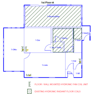 This is the first floor plan of the first air-to-water heat pump project participating in MassCEC's whole-home pilot. The home's distribution system will be a mix of the existing radiant floor and new fan coil units. (Image from LM Works LLC)