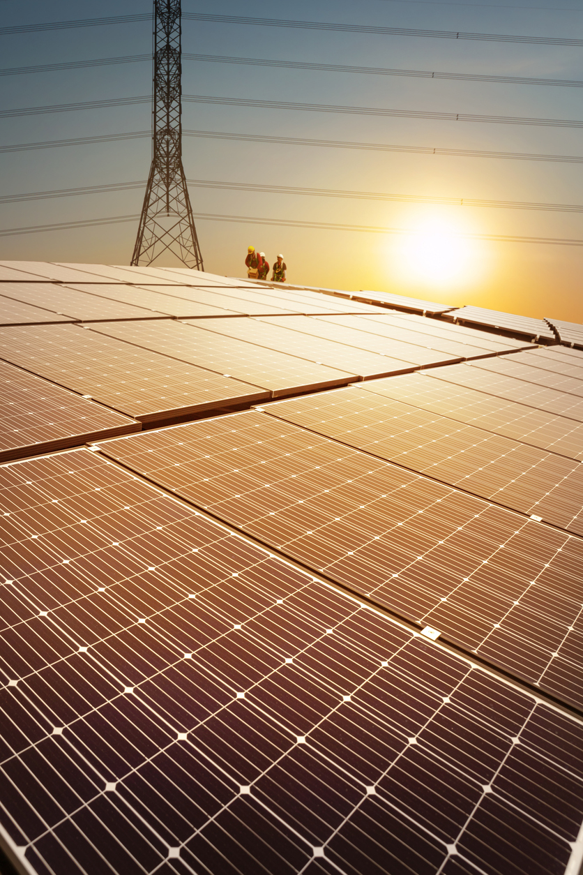 A solar panel being worked on by technicians. There is a high-voltage electricity transmission pylon behind.