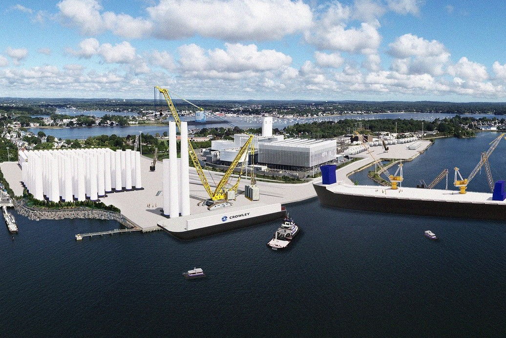 Rendering of aerial view of new marine wind terminal with turbine components and ship